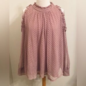 Maurices Pink Swiss Dot Mesh Cold Shoulder Long Sleeve Ruffle High Neck Top 2X